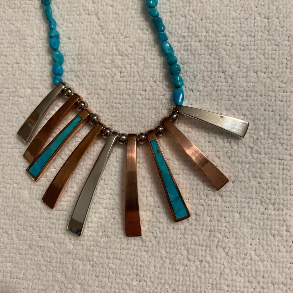 Vintage Turquoise, copper, sterling silver necklace with matching earrings